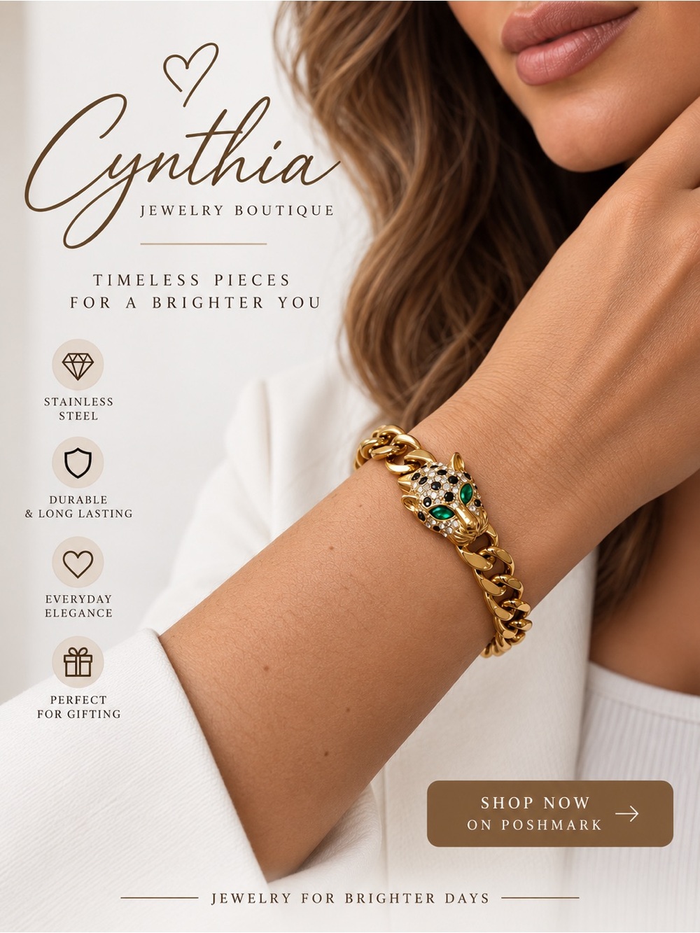Gold-Tone Panther Chain Bracelet with Emerald Accent Stainless Steel